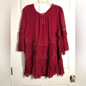 NWT Indigo Saul Intense Red Boho Lace Tiered Tunic Dress 2X